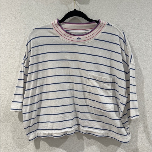 Quiksilver Striped Cropped Crewneck Surf Beach White Blue Pink T-Shirt Large - Picture 1 of 13